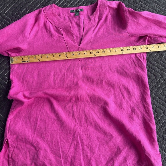 LRL Lauren Ralph Lauren Top Womens Large Pink Linen V-neck Long Sleeve Roll Tab - Picture 6 of 9
